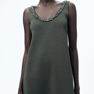 Zara Solid Color Scoop Neck Mini Knit Dress with Rhinestones in Sage Small